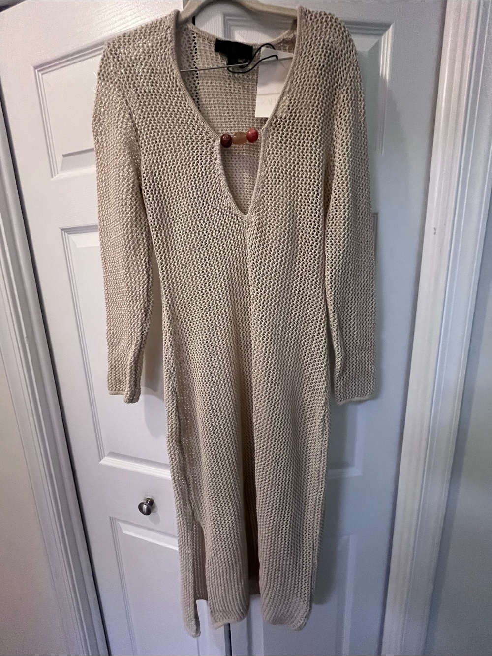 Beige Knit V-Neck Long Sleeve Maxi Dress Cover Up with Beading Detail